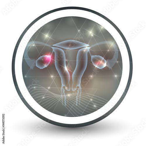 Female uterus and ovaries round shape icon, abstract transparent shapes and wave at the background