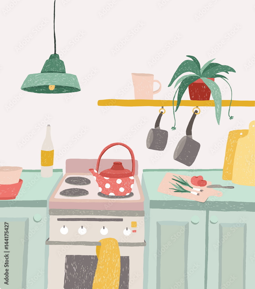Hand drawn home cooking in cartoon style. Colorful doodle kitchen ...