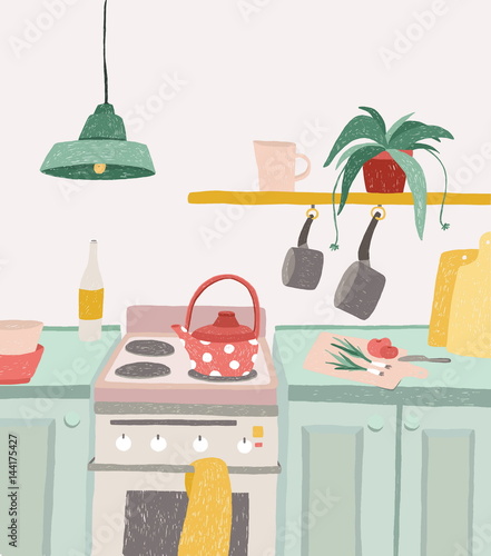 Hand drawn home cooking in cartoon style. Colorful doodle kitchen interior with kitchenware, kettle, oven, stove, utensils. Vector illustration.