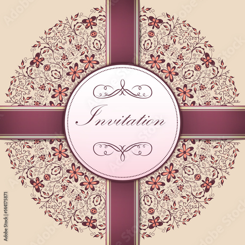Wedding invitation and announcement card with ornamental round lace with arabesque elements. Mehndi style. Orient traditional ornament. Zentangle-like round colored floral ornament.