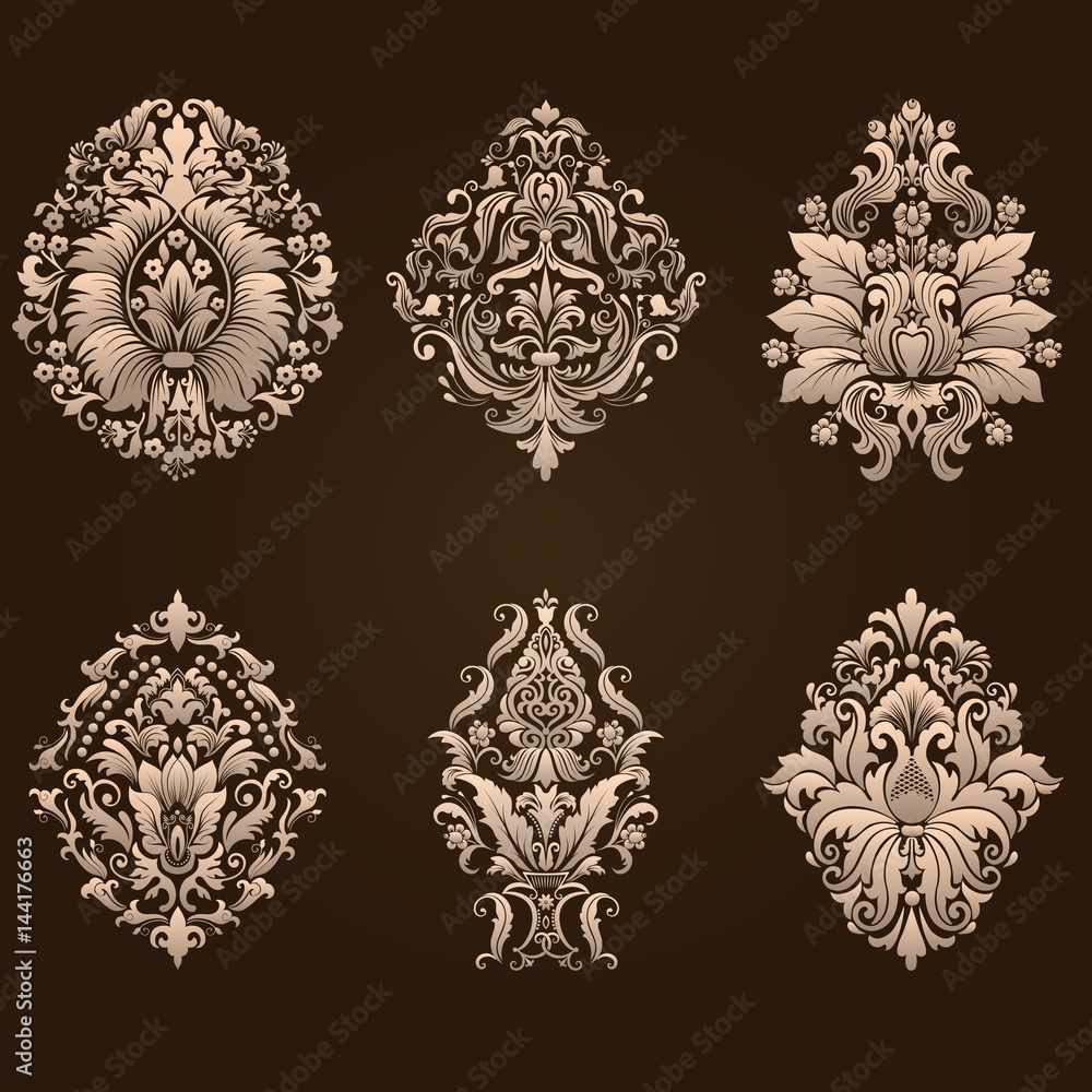 Vector set of damask ornamental elements. Elegant floral abstract elements for design. Perfect for invitations, cards etc.