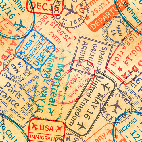 Colorful International travel visa rubber stamps imprints on old paper, seamless pattern