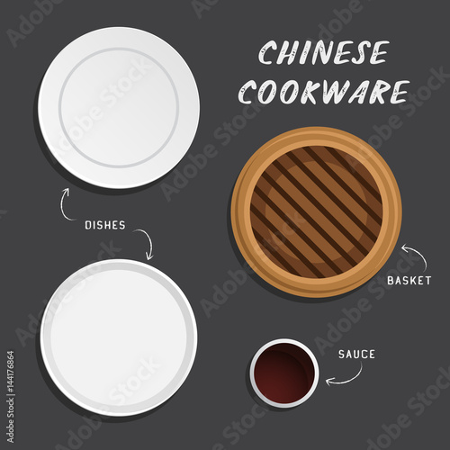 Cartoon vector illustration with chinese dishes for asian food on gray background photo