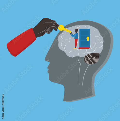 Psychology, psychotherapy, mental healing concept. Key to subconscious, soul, mind. Vector colorful illustration in flat style.