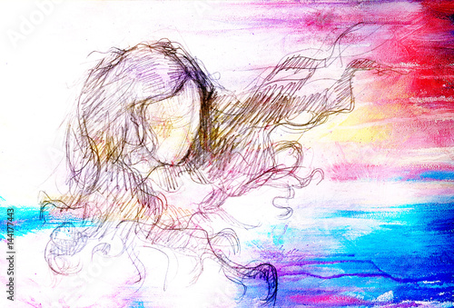 sketch of woman and fluttering hair. pencil drawing on old paper. Color effect.
