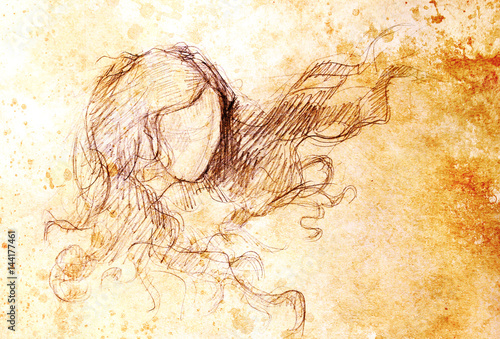 sketch of woman and fluttering hair. pencil drawing on old paper. Color effect.