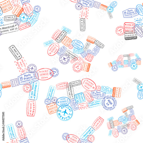 Immigration stamps arranged in car, plane, ship and train shape on white, seamless pattern