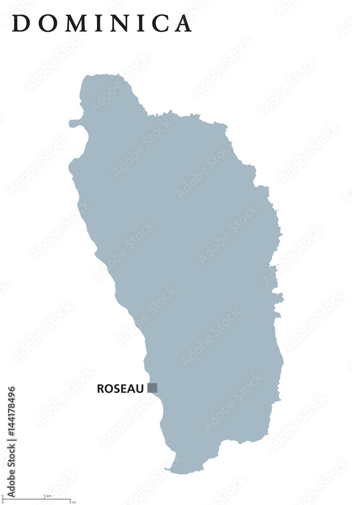 Dominica political map with capital Roseau. Commonwealth. Caribbean sovereign island country in the Lesser Antilles, part of Windward Islands. Gray illustration over white. English labeling. Vector.