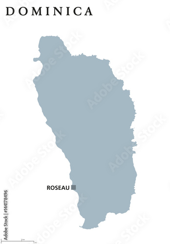 Dominica political map with capital Roseau. Commonwealth. Caribbean sovereign island country in the Lesser Antilles, part of Windward Islands. Gray illustration over white. English labeling. Vector.
