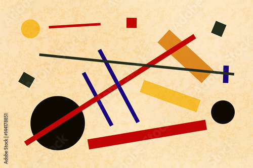 Abstract suprematism composition, horizontal flat illustration on old canvas