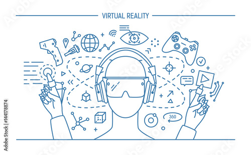 virtual reality lineart banner. contour vector illustration