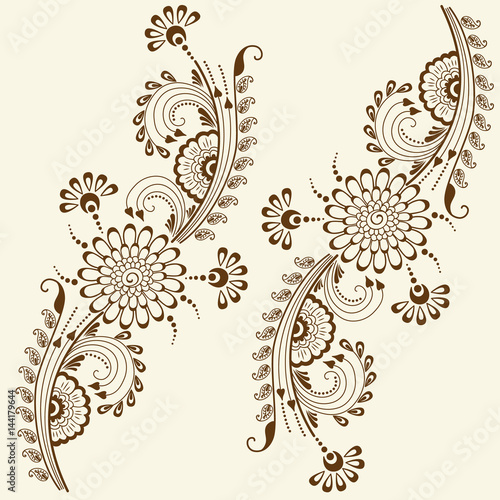Vector illustration of mehndi ornament. Traditional indian style, ornamental floral elements for henna tattoo, stickers, mehndi and yoga design, cards and prints. Abstract floral vector illustration.