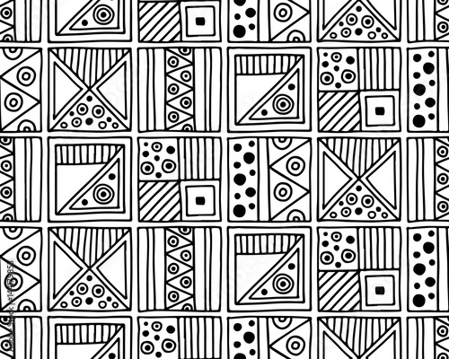 Seamless vector pattern. Black and white geometrical background with hand drawn decorative tribal elements. Print with ethnic, folk, traditional motifs. Graphic vector illustration.