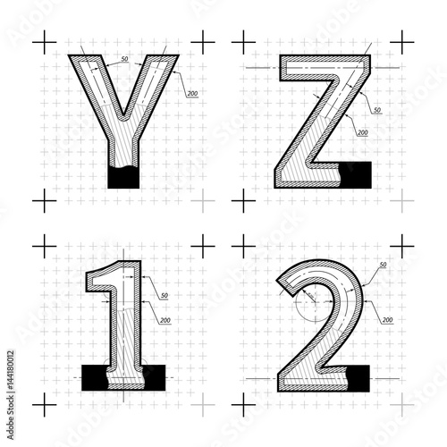 Architectural sketches of Y Z 1 2 letters. Blueprint style font.