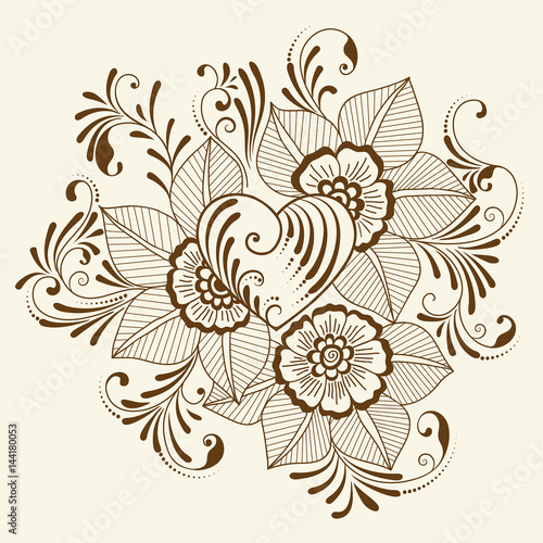 Vector illustration of mehndi ornament. Traditional indian style, ornamental floral elements for henna tattoo, stickers, mehndi and yoga design, cards and prints. Abstract floral vector illustration.
