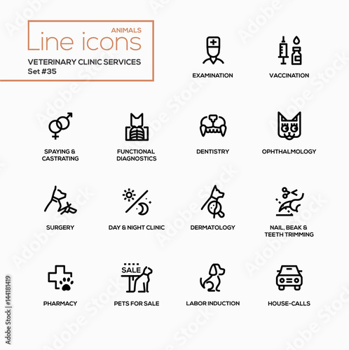 Veterinary clinic services - modern vector single line icons set