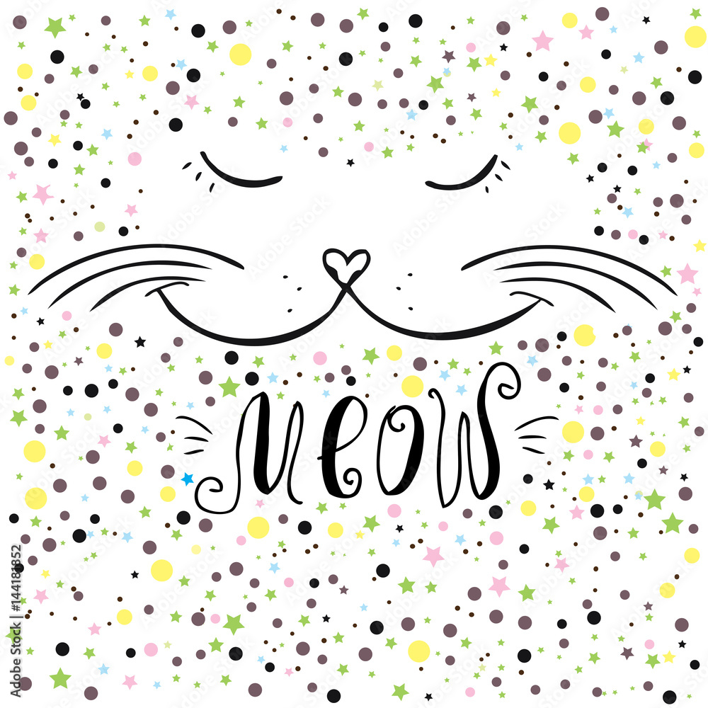 Cute cat and meow lettering