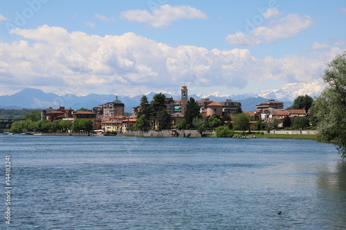 Sesto Calende and Alps panoramic view from the River Ticino, Italy