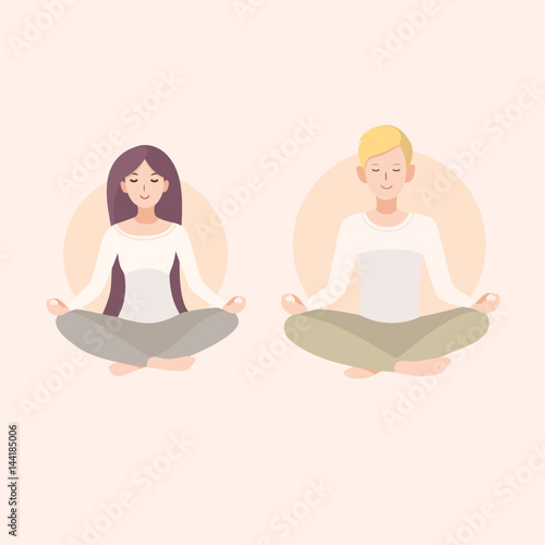 Young woman and man couple meditating with crossed legs