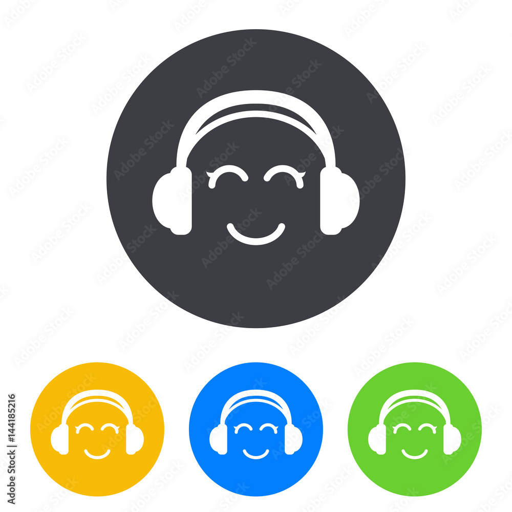 Icono plano auriculares con sonrisa kawaii en circulo varios colores Icono plano auriculares con sonrisa kawaii en circulo varios colores