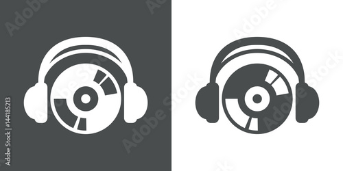 Icono plano auriculares con simbolo CD gris y blanco