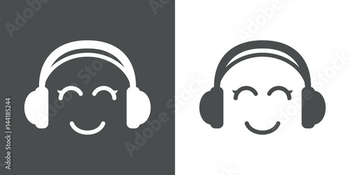 Icono plano auriculares con sonrisa kawaii gris y blanco