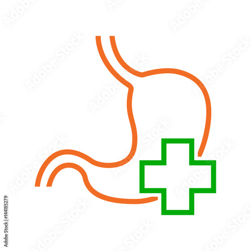 Icono plano estomago naranja con cruz verde en fondo blanco