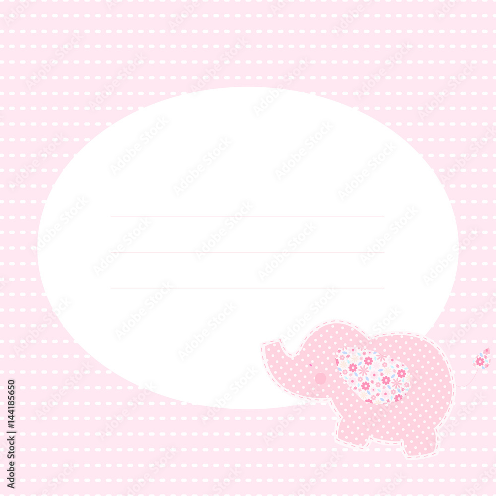 Cute greeting card with elephant. Place for your text. In cartoon and patchwork style. Nice for baby shower and birthday. Pink shades. Cute greeting card with elephant. Place for your text. In cartoon and patchwork style. Nice for baby shower and birthday. Pink shades.