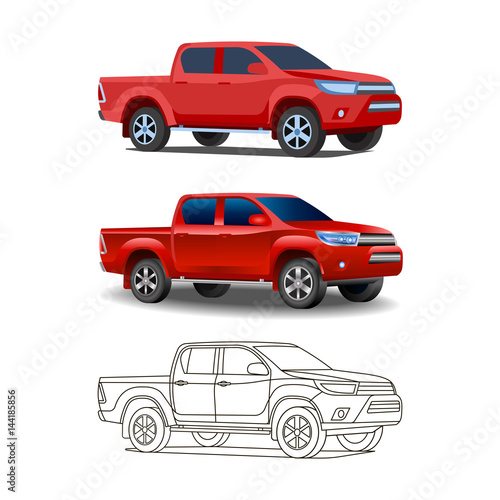 Off-road pickup truck car . Image of a red pickup truck in a realistic style. Vector illustration