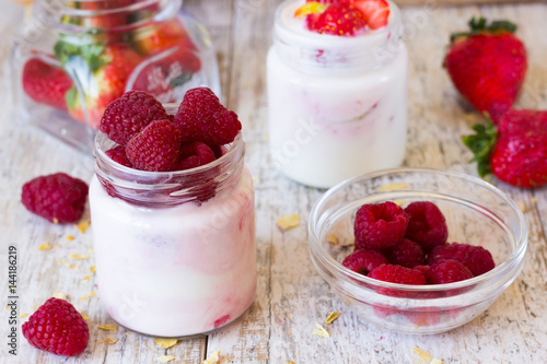 Yoghurt with raspberries for breakfast