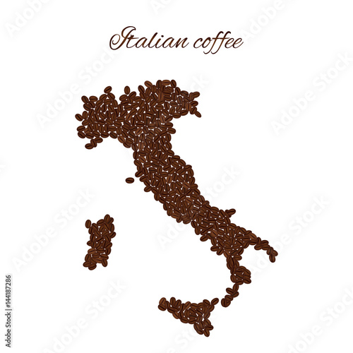 Italian coffee. Map of Italy created from coffee beans isolated on a white background.