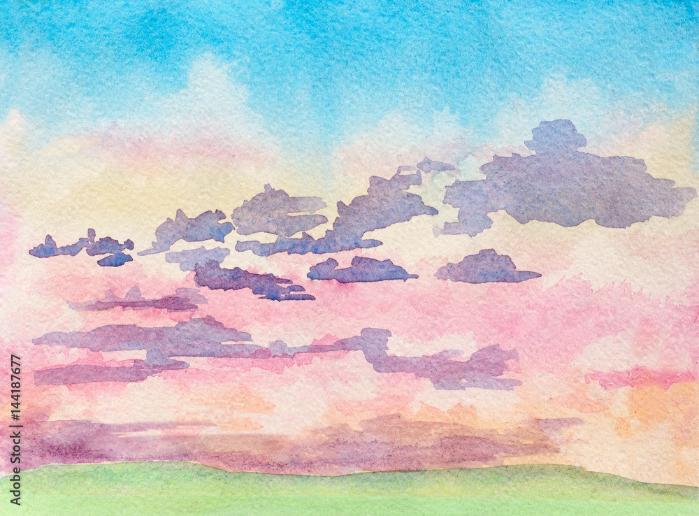 abstract watercolor illustration of landscape with sunrise clouds and green field