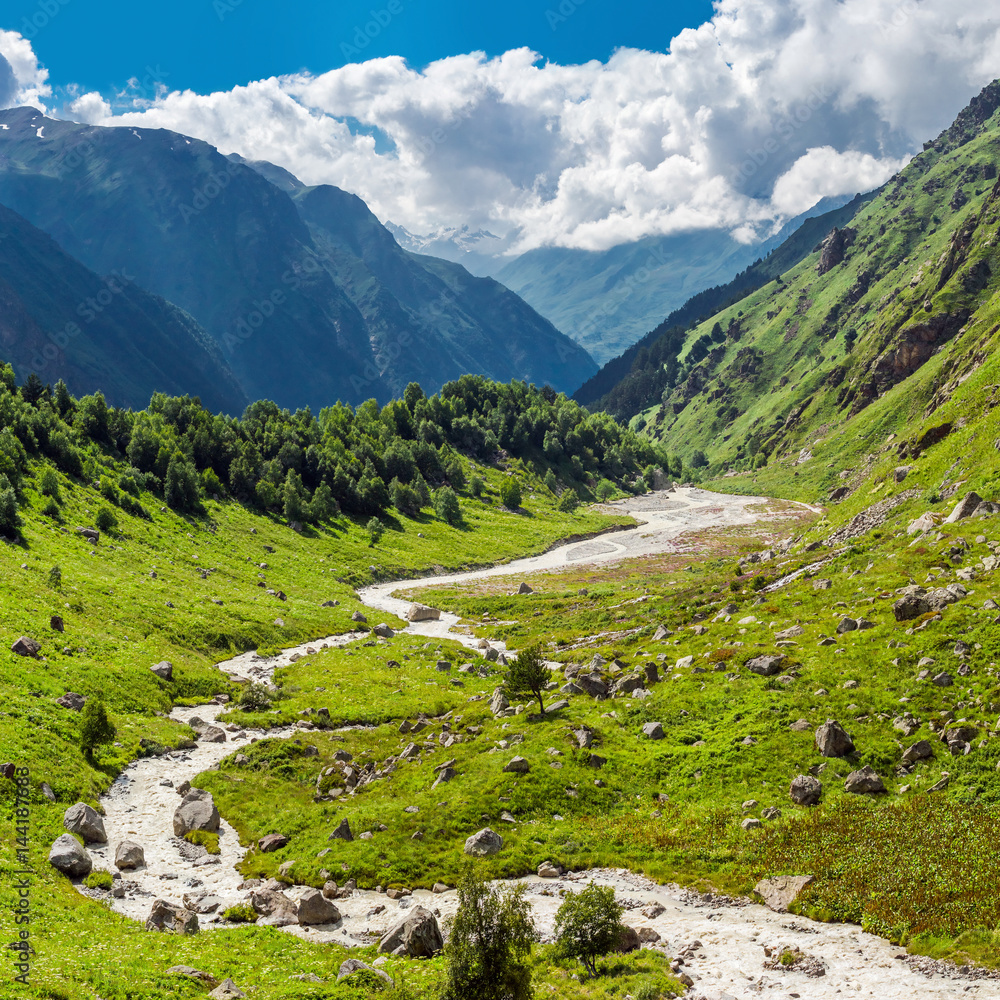 Beautiful green mountain valley with a small rough stream  illuminated by the sun. Summer russian Caucasus mountains, Elbrus region.