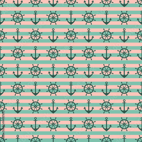 Vector seamless pattern with anchor, steering wheel, diagonal lines. Symmetrical background, nautical theme. Graphic illustration. Template for wrapping, backgrounds, fabric, prints, decor, surface