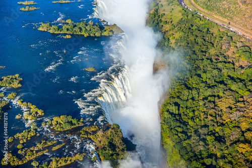 Bird eye view of the Victoria falls waterfall on Zambezi river photo