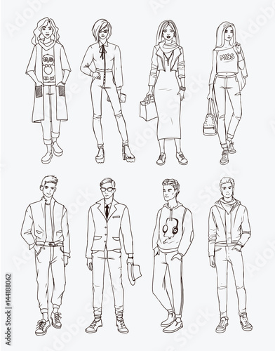 Set of hand drawn stylish young people at street. Collection fashion, trendy youth. Contour illustration.