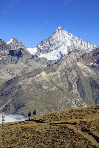 Hikers proceed towards the high peak of Dent Herens in a clear summer day Gornergrat Canton of Valais Switzerland Europe photo