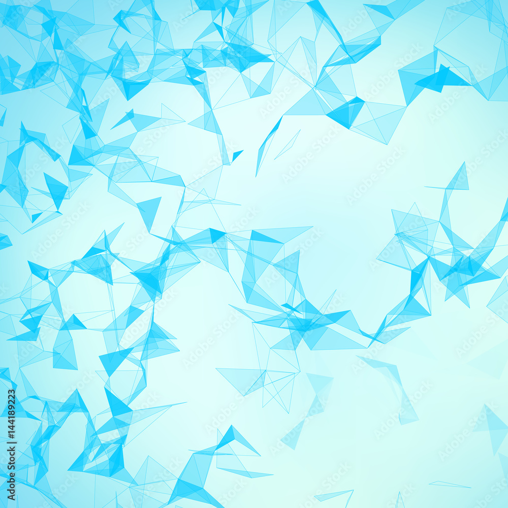 Fototapeta premium Abstract vector blue mesh background. Chaotically connected points and polygons flying in space. Flying debris. Futuristic technology style card. Lines, points, circles and planes. Futuristic design.