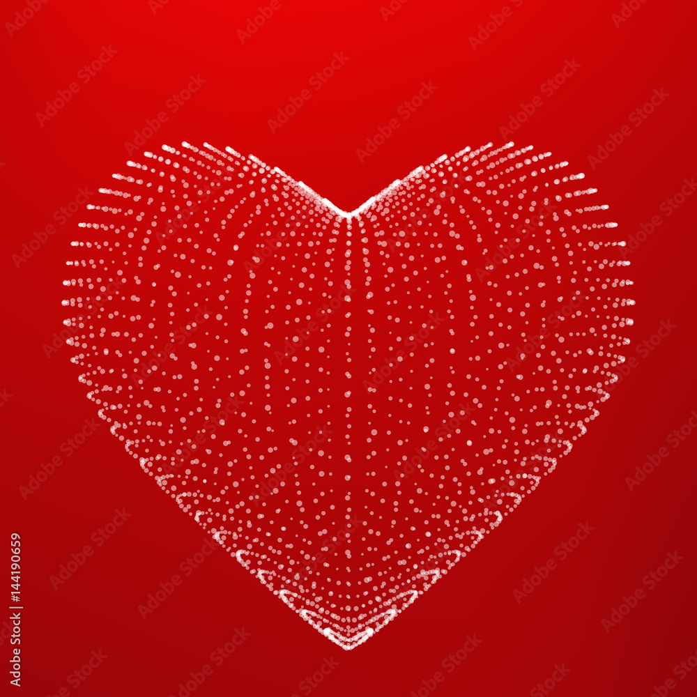 Abstract vector mesh heart background. Chaotically connected points and polygons flying in space. Flying debris. Futuristic technology style card. Lines, points, circles and planes. Futuristic design.