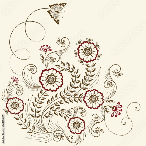 Vector illustration of mehndi ornament. Traditional indian style, ornamental floral elements for henna tattoo, stickers, mehndi and yoga design, cards and prints. Abstract floral vector illustration.