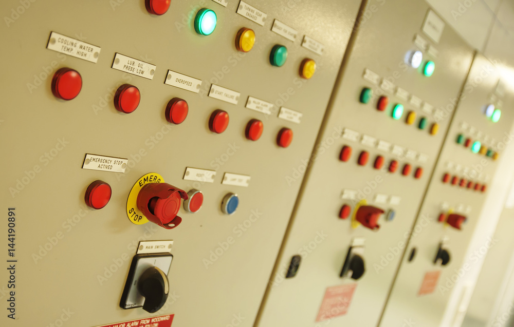 Control Switch panel of industrial equipment with buttons aboard modern ship Control Switch panel of industrial equipment with buttons aboard modern ship