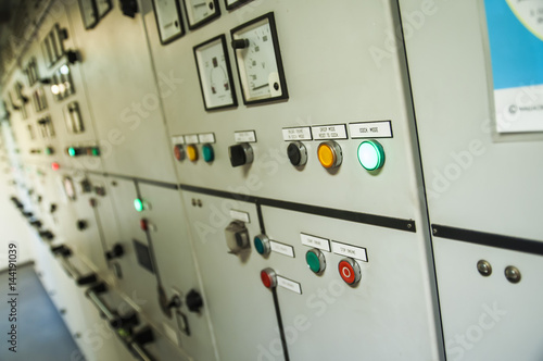 Control Switch panel of industrial equipment with buttons aboard modern ship
