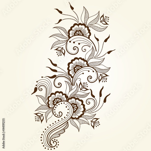 Vector illustration of mehndi ornament. Traditional indian style, ornamental floral elements for henna tattoo, stickers, mehndi and yoga design, cards and prints. Abstract floral vector illustration.