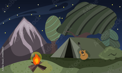 Сamping under the night sky with fire
