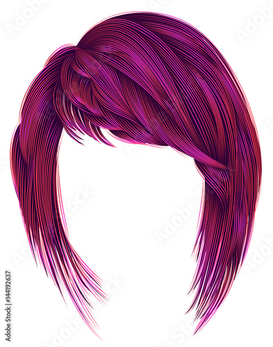 trendy  woman  hairs bright pink color. kare with bangs. medium length .fashion beauty style .