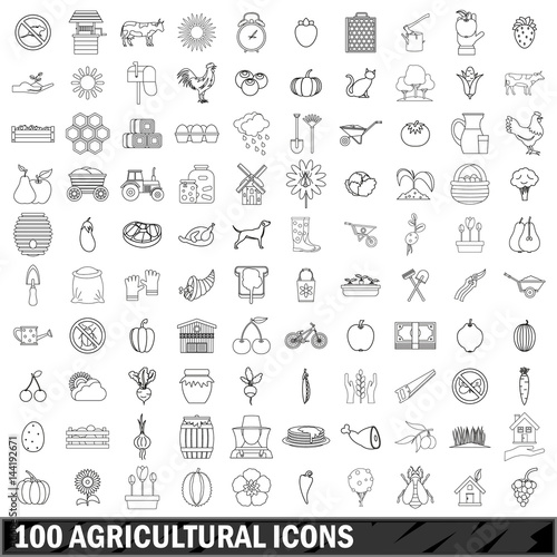 100 agricultural icons set  outline style