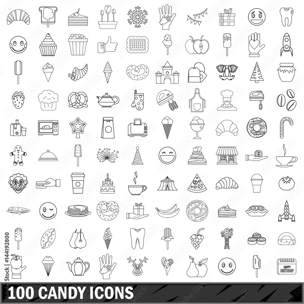 100 candy icons set, outline style