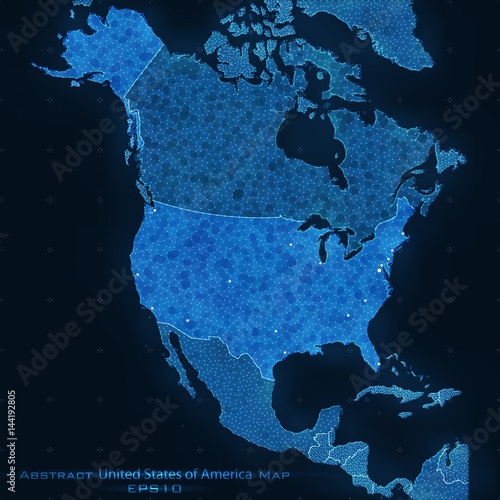 United States of America abstract map. Highlighted USA. Vector background. Futuristic style card. Elegant background for business presentations. Lines, point, planes in 3d space.