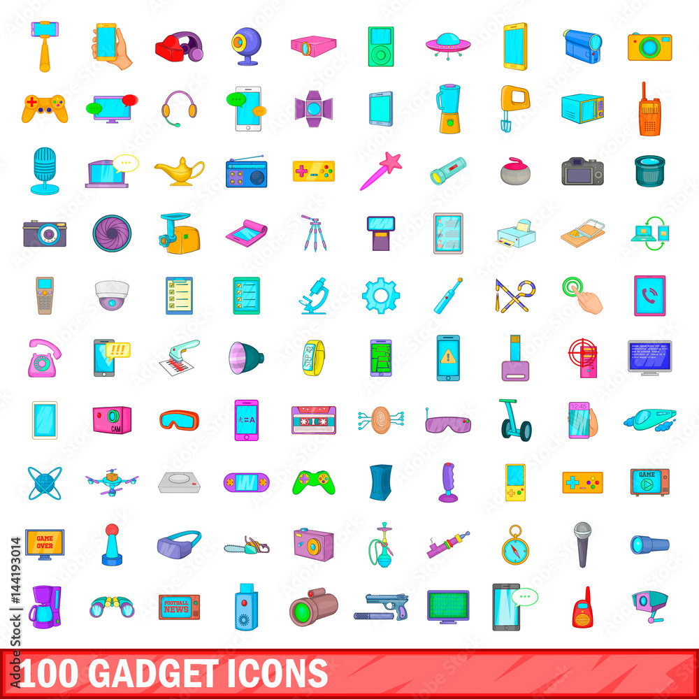 100 gadget icons set, cartoon style 100 gadget icons set, cartoon style