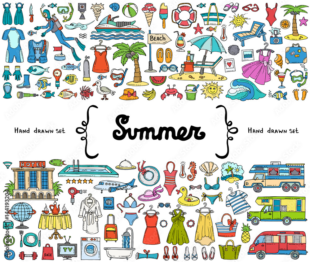 Vector set with hand drawn colored doodles on the  theme of summer, travel, tourism. Flat illustrations on white background